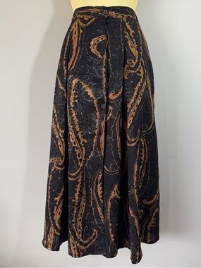 Vintage Bianca Paisley Button-Front Midi Skirt Black Bronze Pockets Sz 12 US 6-8
